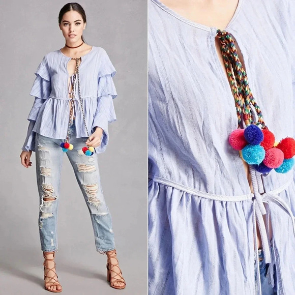 English Factory Blue Pom Pom Tie Top Tiered Sleeve Blouse Size Small - Picture 3 of 16